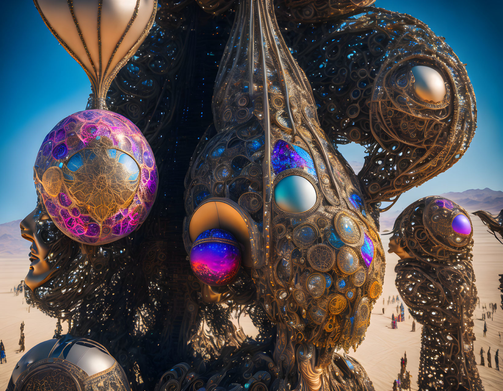 Detailed fractal-like artwork featuring metallic spheres and structures in a desert setting.