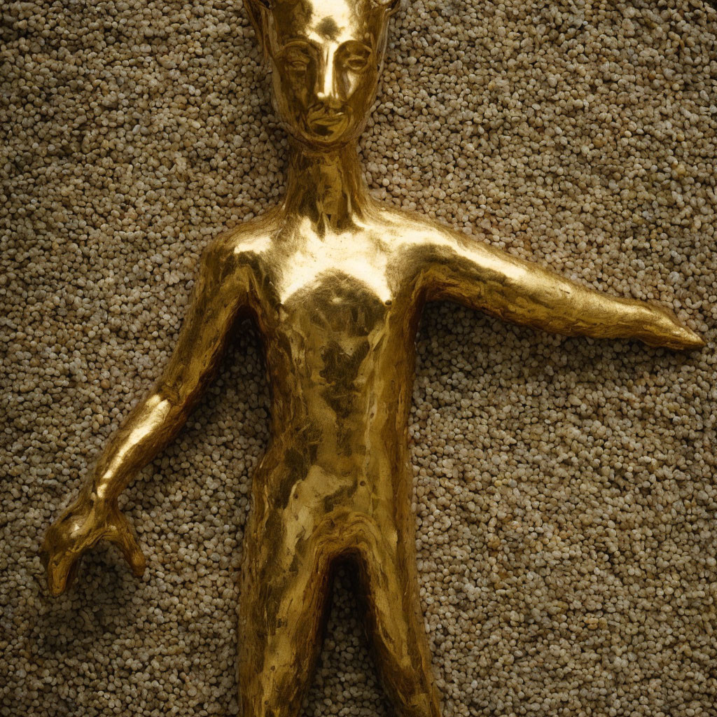 Golden Humanoid Figure with Arms Extended on Beige Background