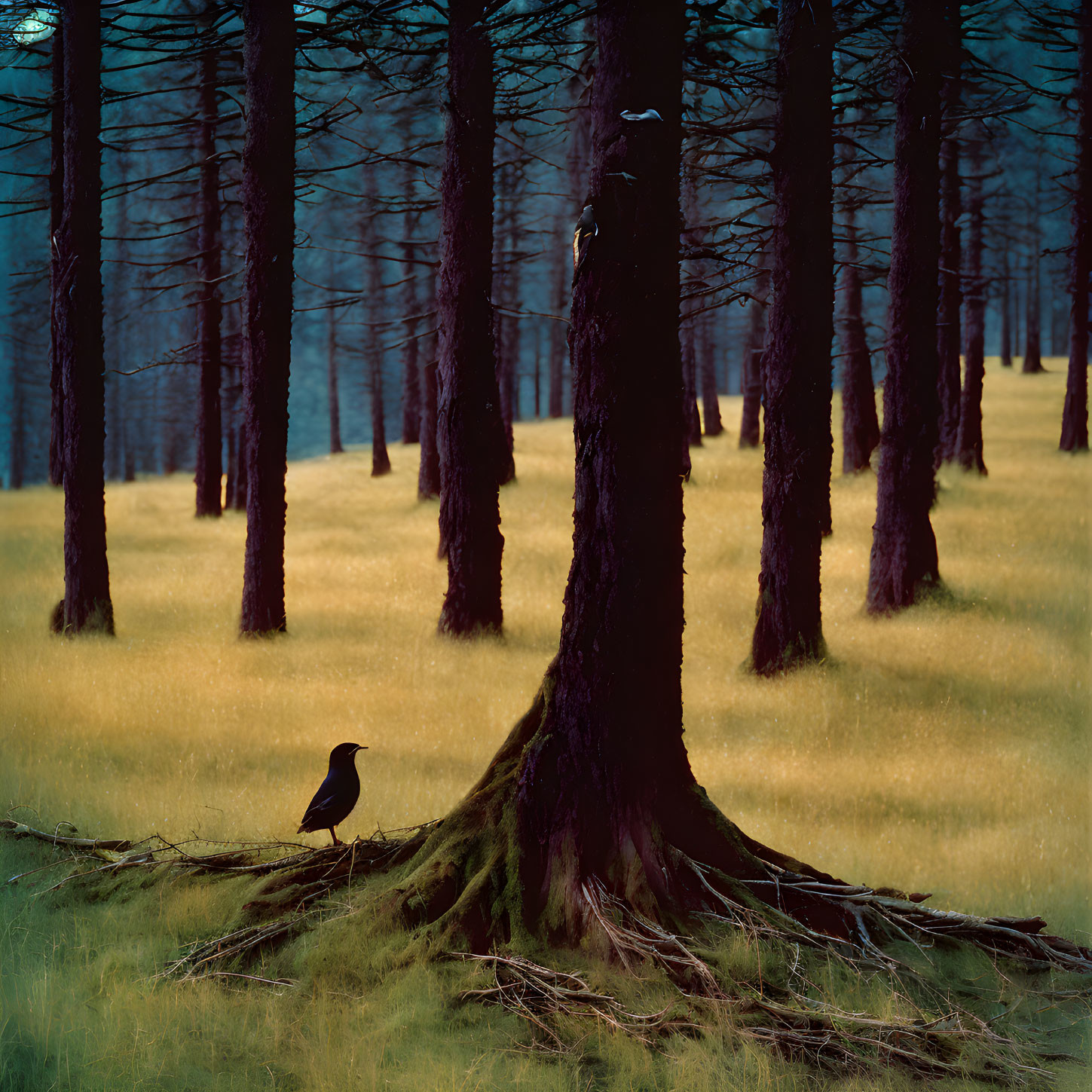 Solitary bird in moody forest with tall tree trunks