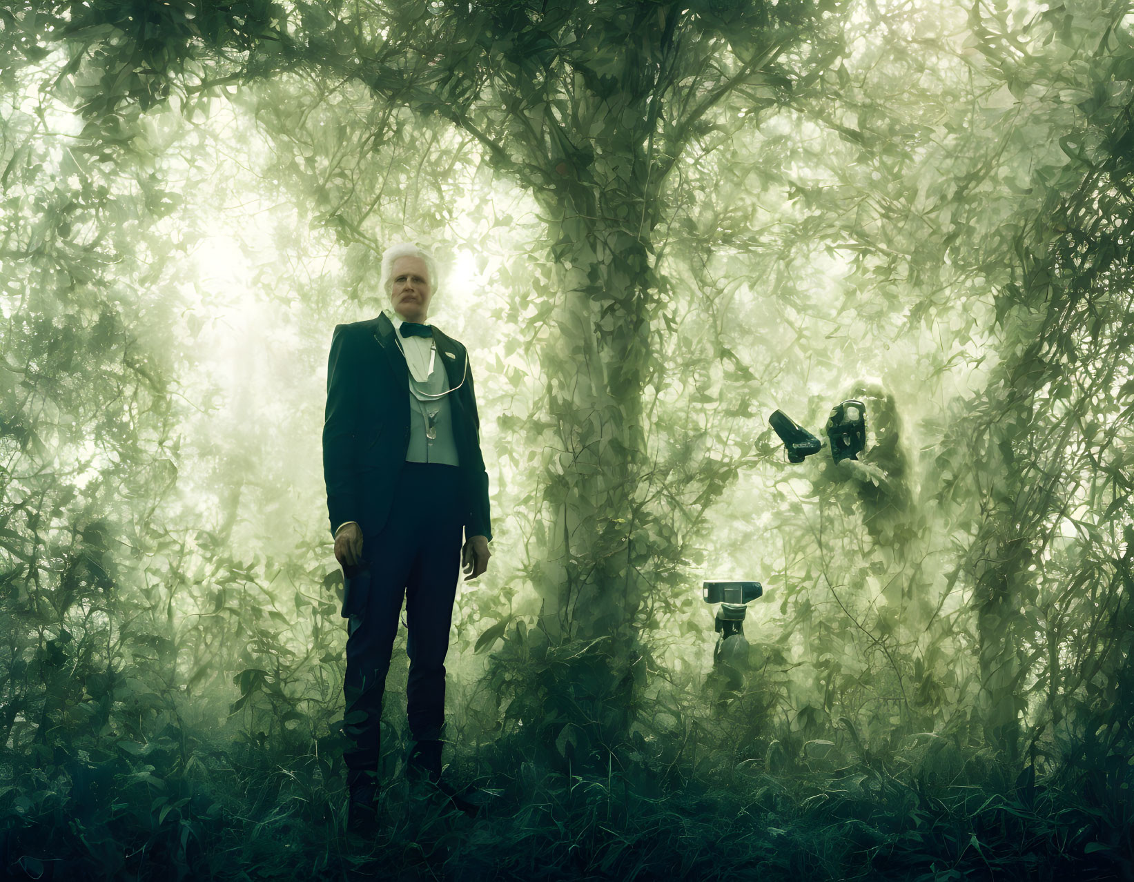 Suited man in misty green forest with dramatic lighting and person in gas mask.