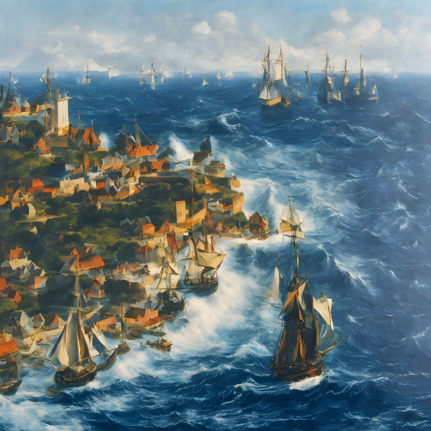 Sailing ships in turbulent seas near coastal town with orange-roofed buildings