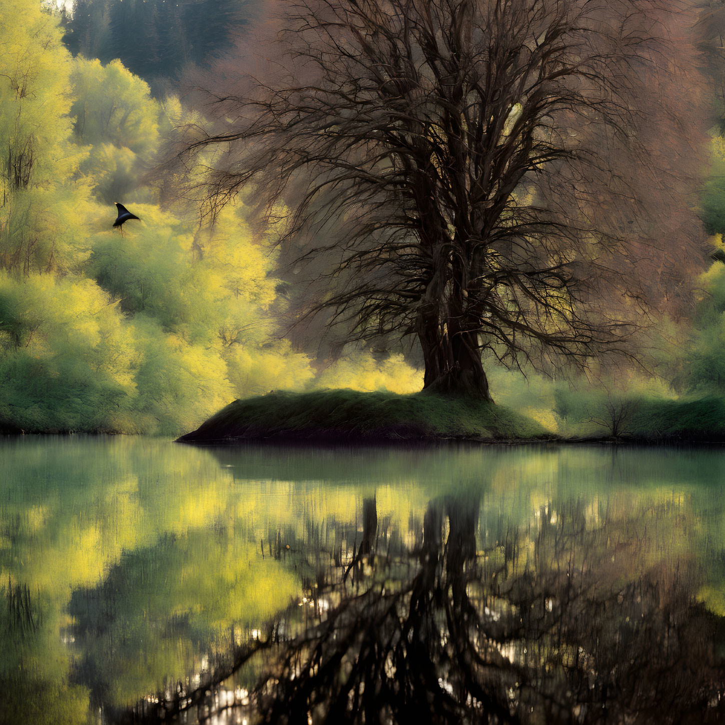 Tranquil landscape with majestic tree on island, reflecting in calm water