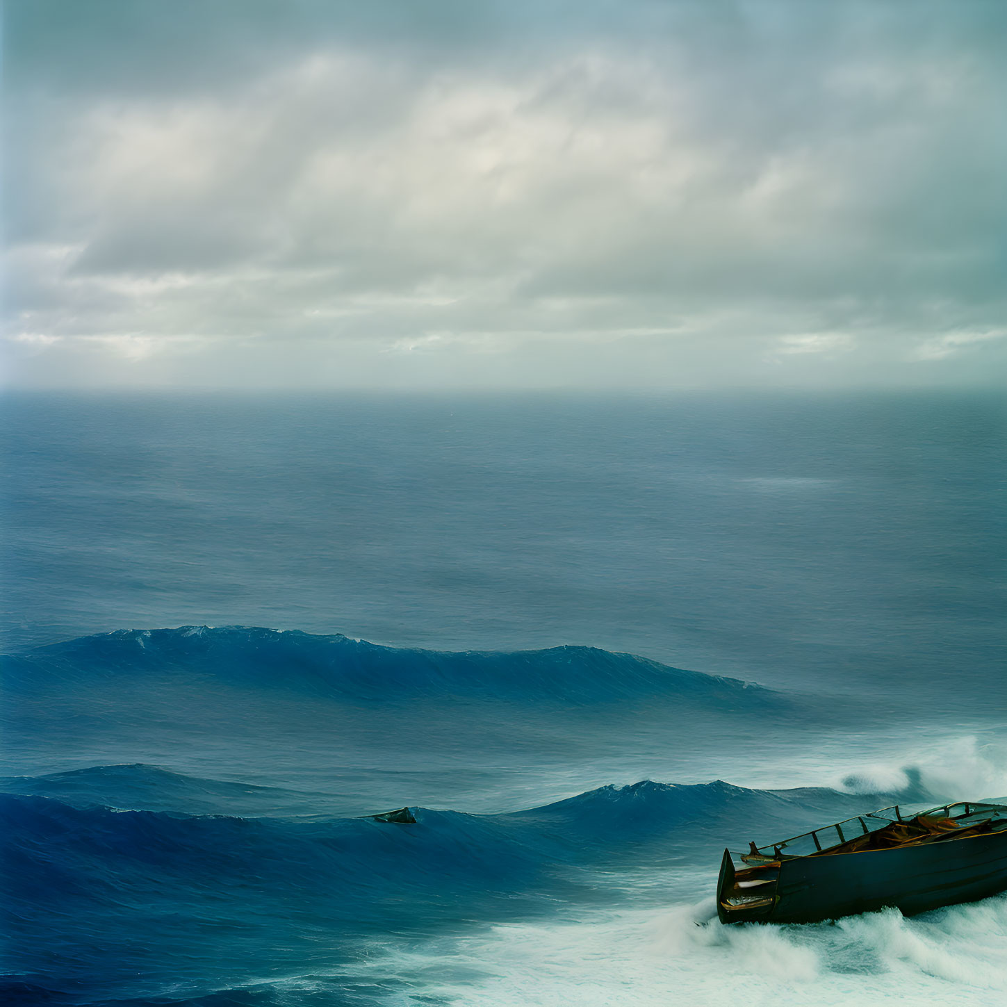 Small Boat Sailing Ocean Waves in Cloudy Sky