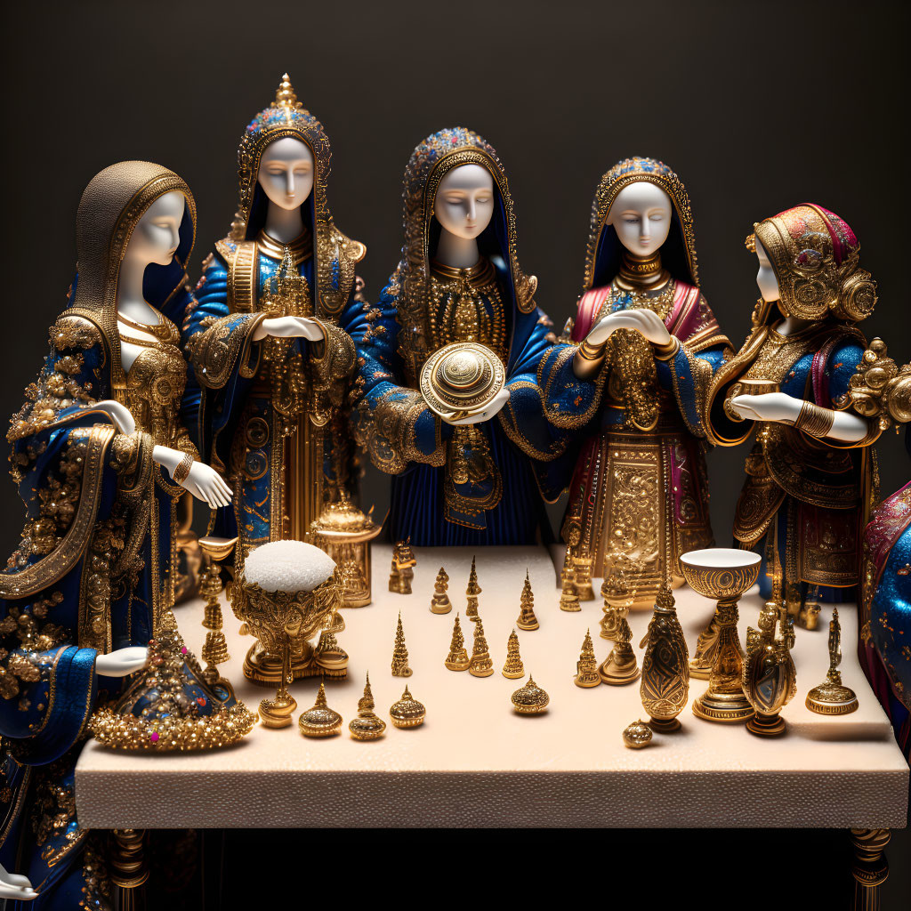 Porcelain figurines in blue and gold attire with golden cups on dark background