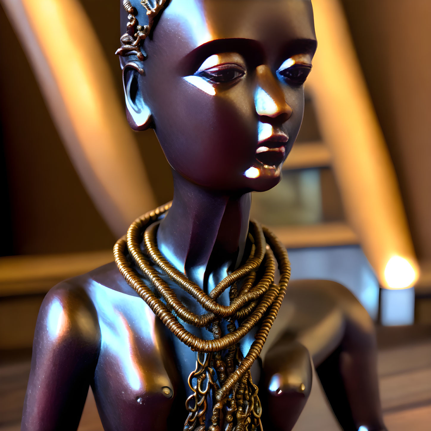 Glossy humanoid sculpture with golden jewelry under warm lighting