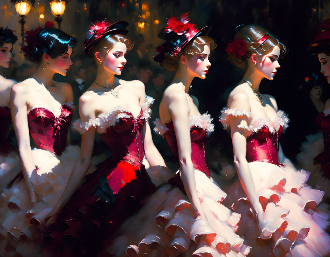 Four Women in Red Vintage Dresses with Feathered Headpieces in Vibrant Painting