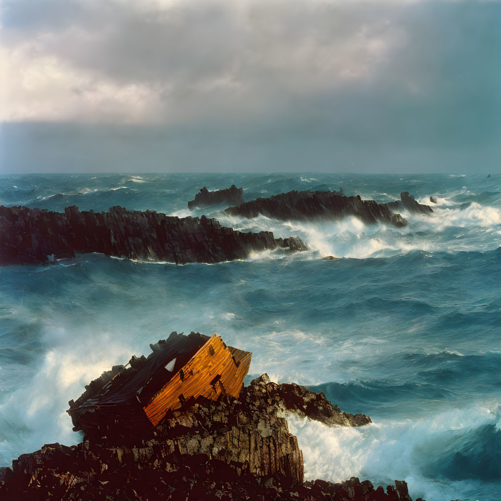 Weathered wooden hut on jagged cliff amid turbulent ocean waves