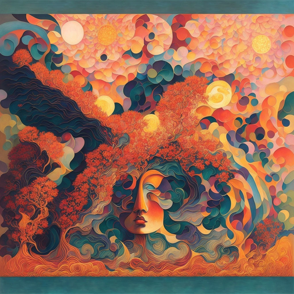 Colorful artwork: serene face in abstract landscape with swirls, florals, warm suns