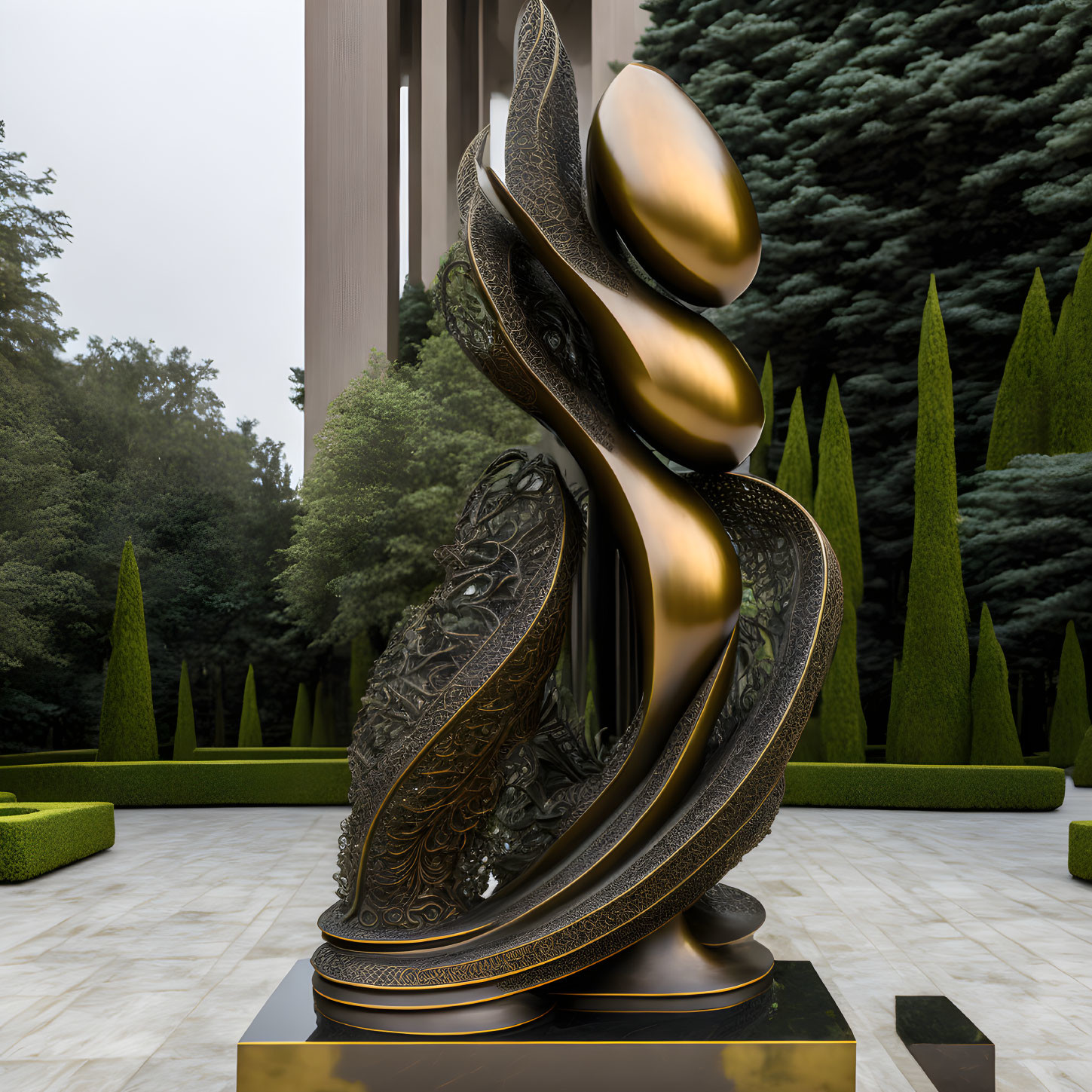 Abstract metallic sculpture on pedestal in formal garden landscape