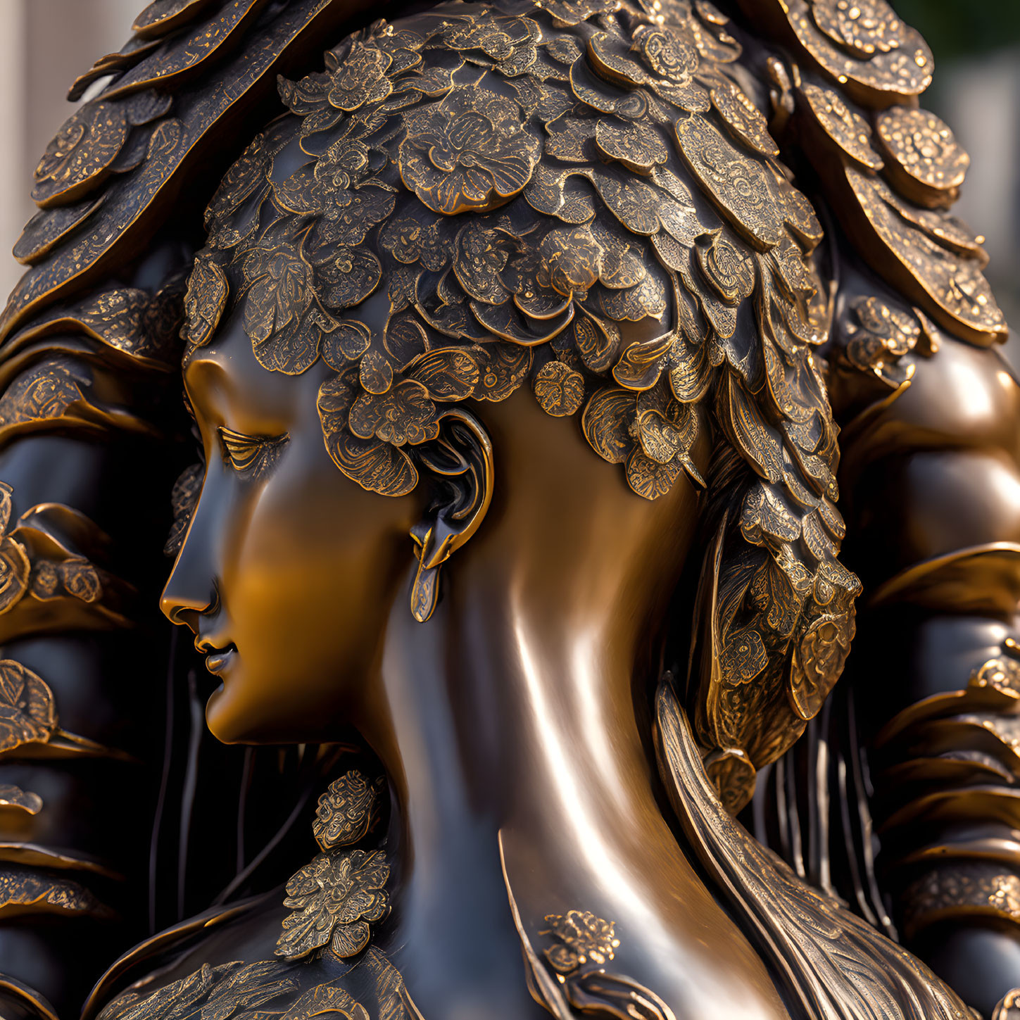 Bronze statue with gold leaf hair detail of serene female figure