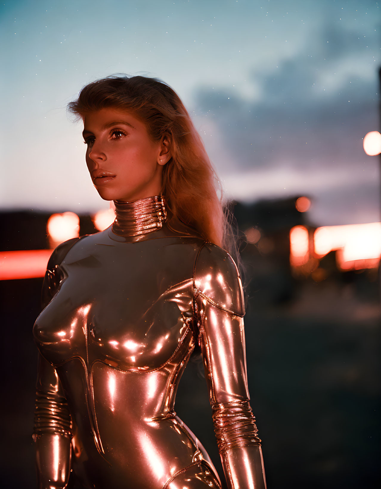 Woman in Metallic Bodysuit Contemplating at Twilight