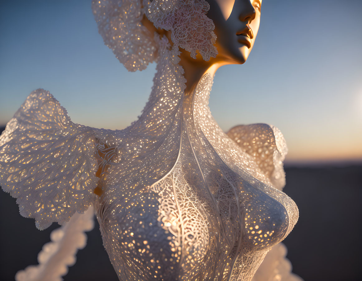 Person with lace-like collar in side profile against sunset.