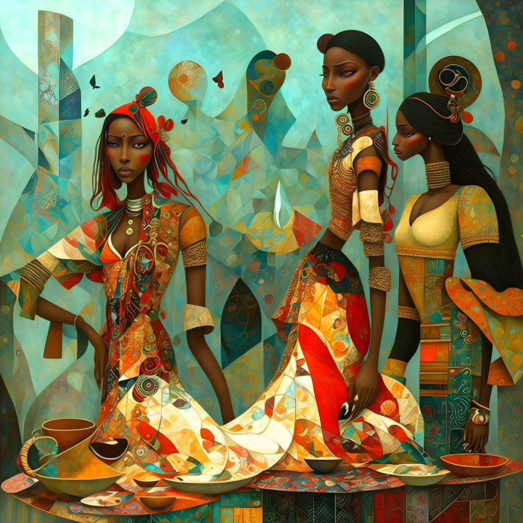 Stylized women with elaborate jewelry in surreal setting