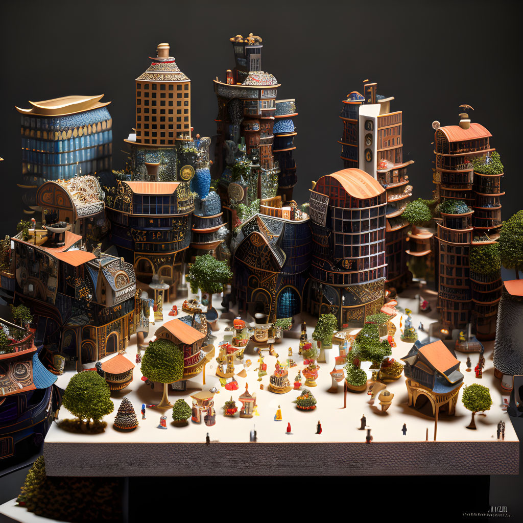 Detailed miniature cityscape with diverse buildings and tiny figures under soft light