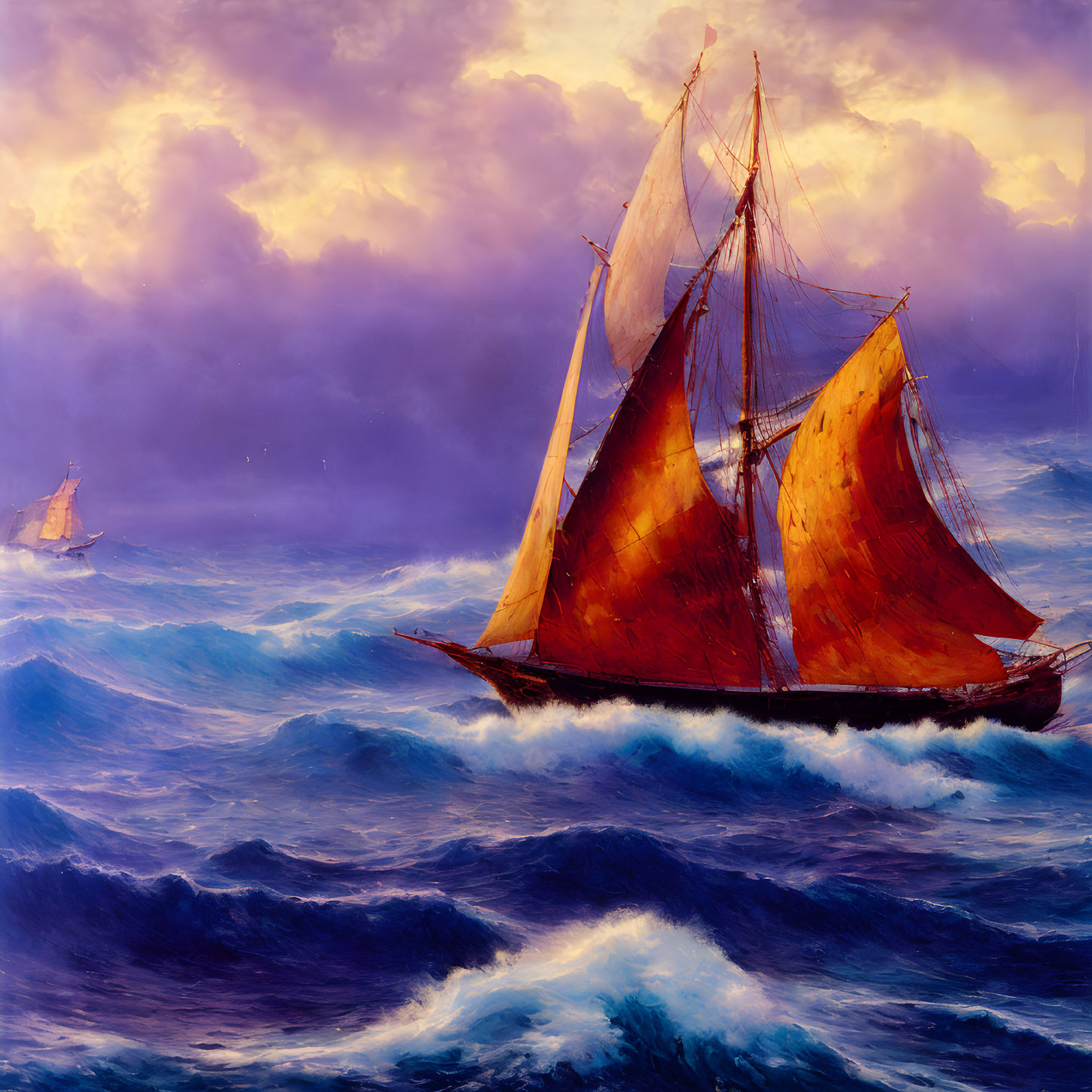 Sailing ship with red sails in turbulent ocean under purple sky