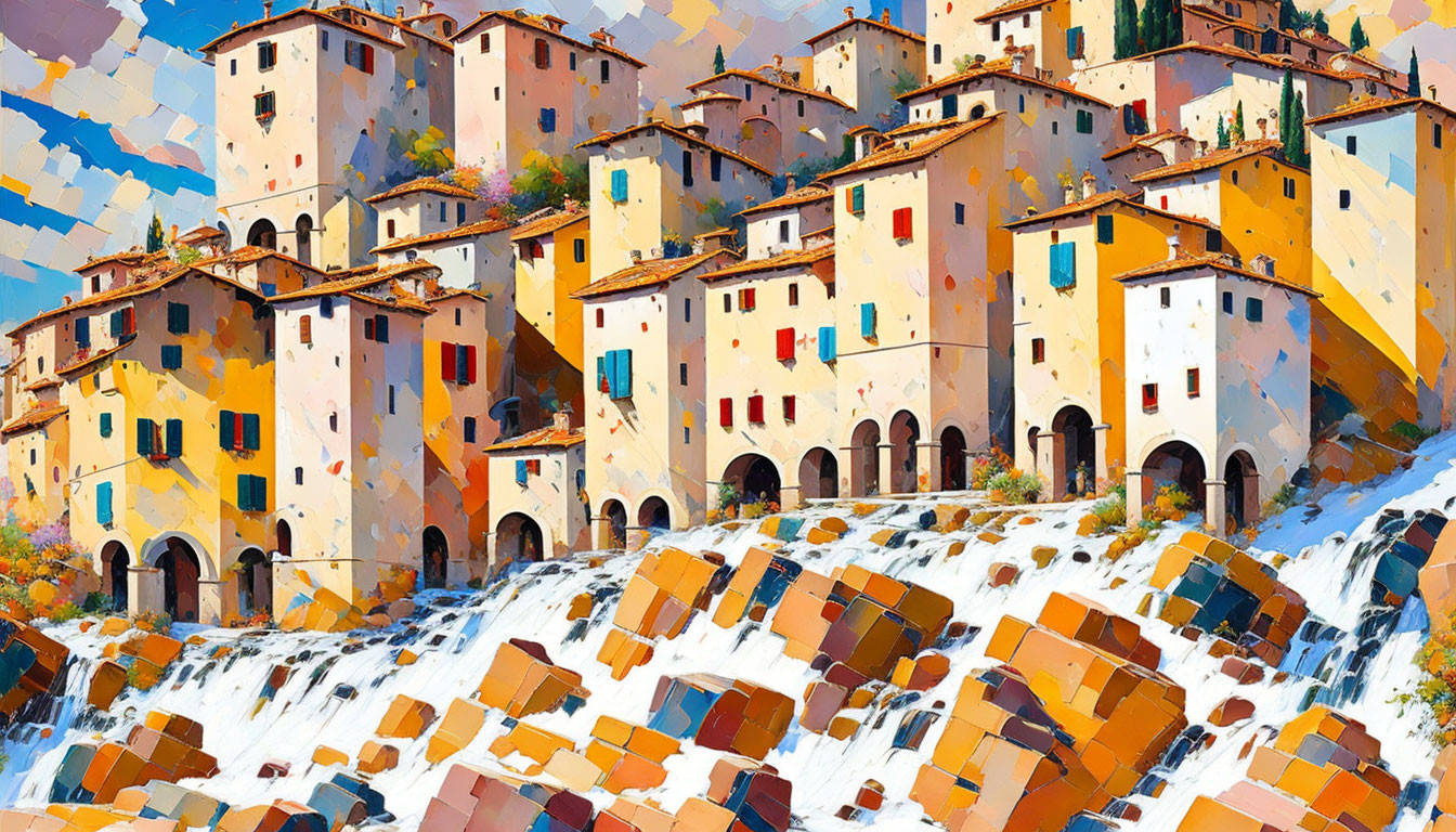 Colorful painting of hillside town with waterfall