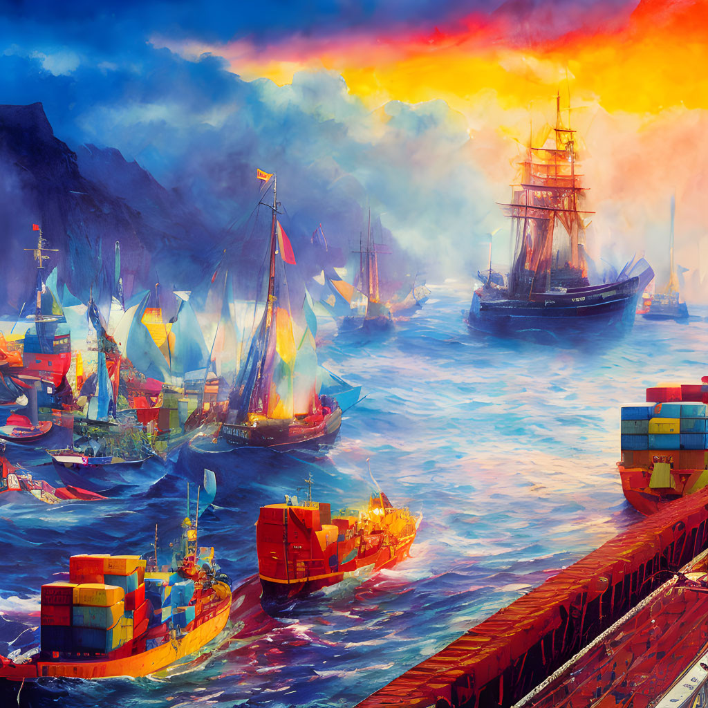 Bustling harbor with tall ships and modern vessels under vibrant fiery skies