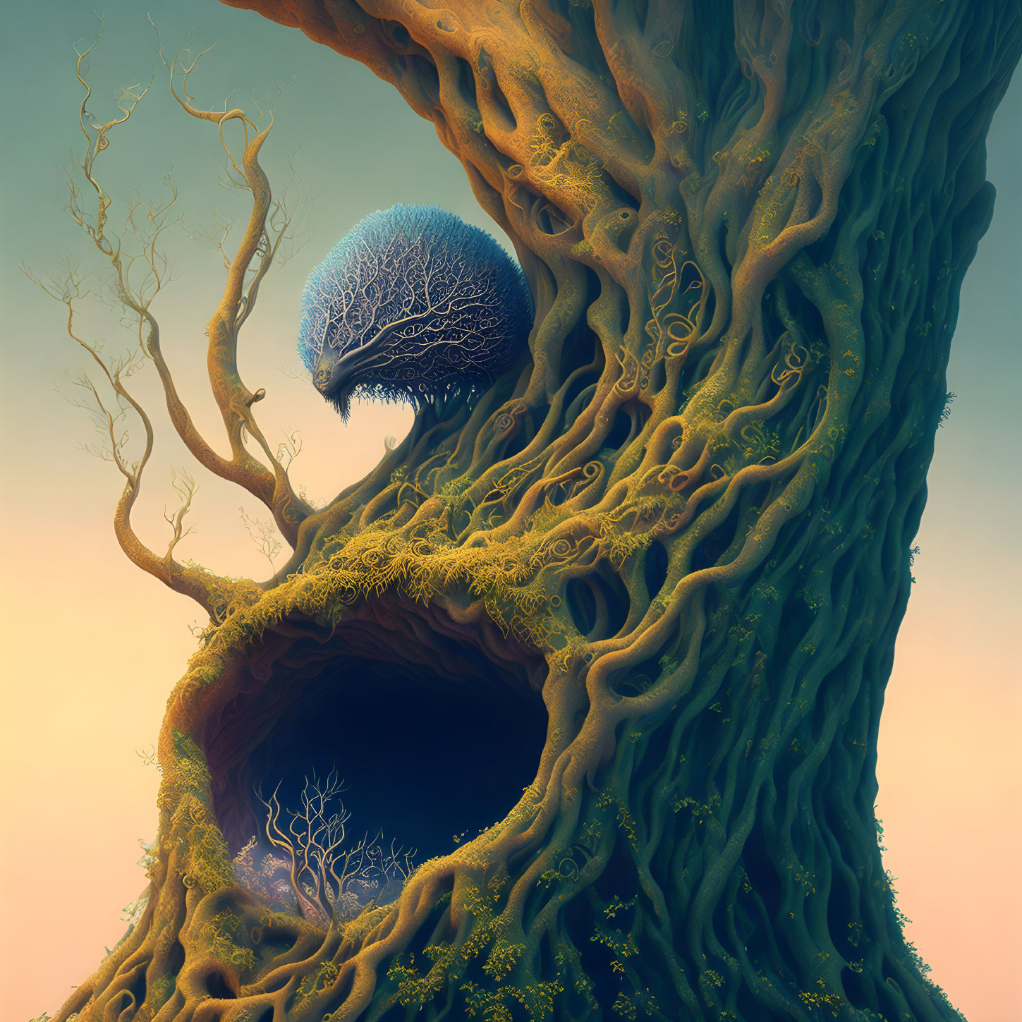 Surreal artwork: Twisted tree with hollow and blue orb in branches