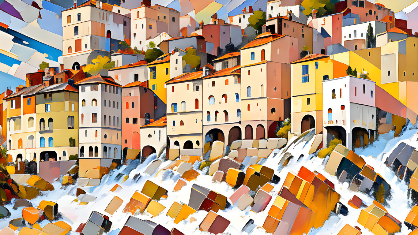 Vibrant cubic-style illustration of colorful hillside village