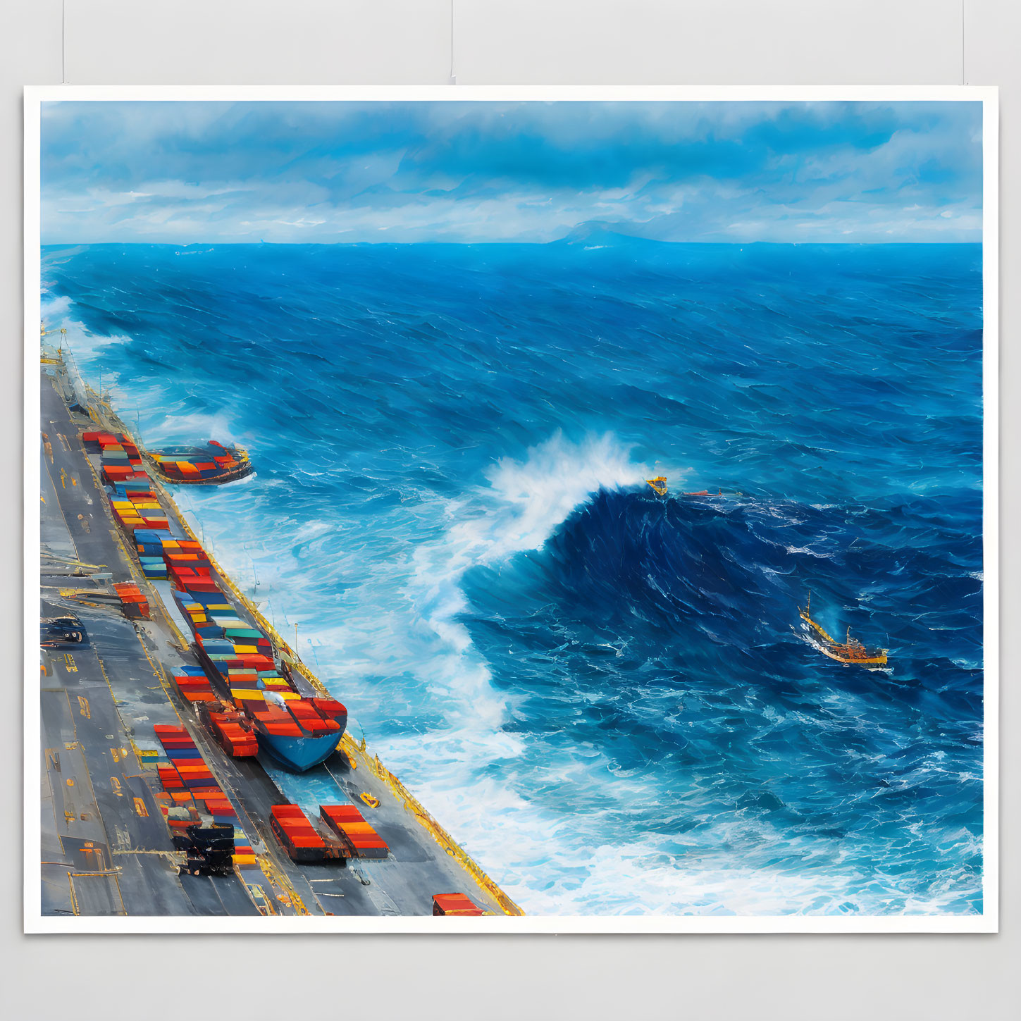 Colorful cargo ship navigating rough sea with towering waves under dynamic sky