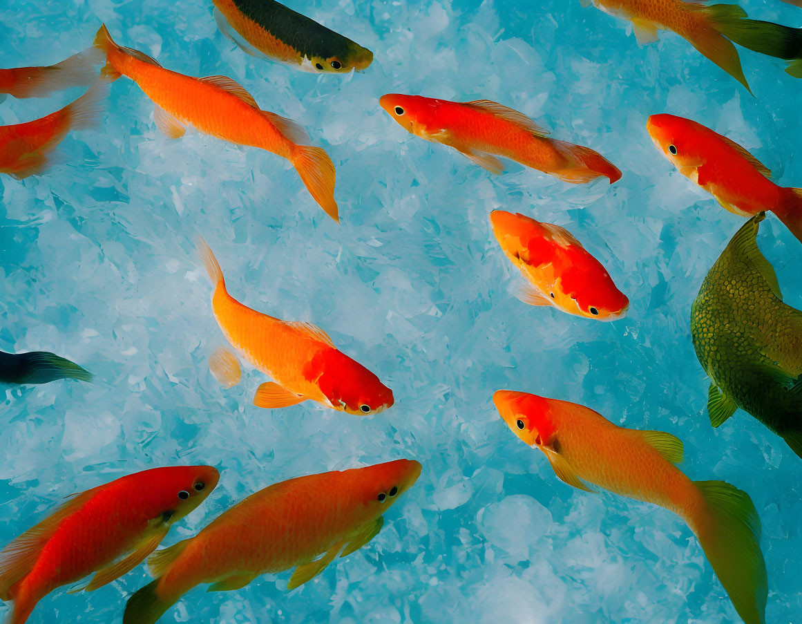 Colorful Goldfish Swimming in Blue Water with Ice Cubes