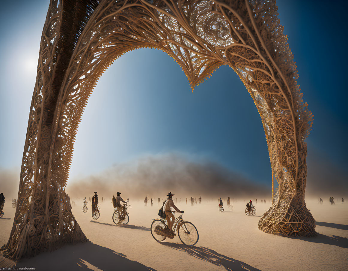 Cyclists passing intricate wooden arch in dusty desert landscape