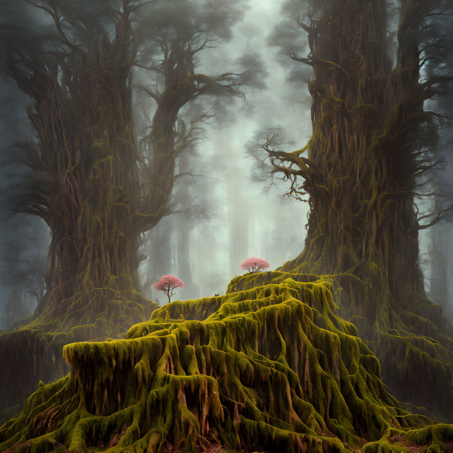 Enchanting forest scene with moss-covered trees and pink mushrooms