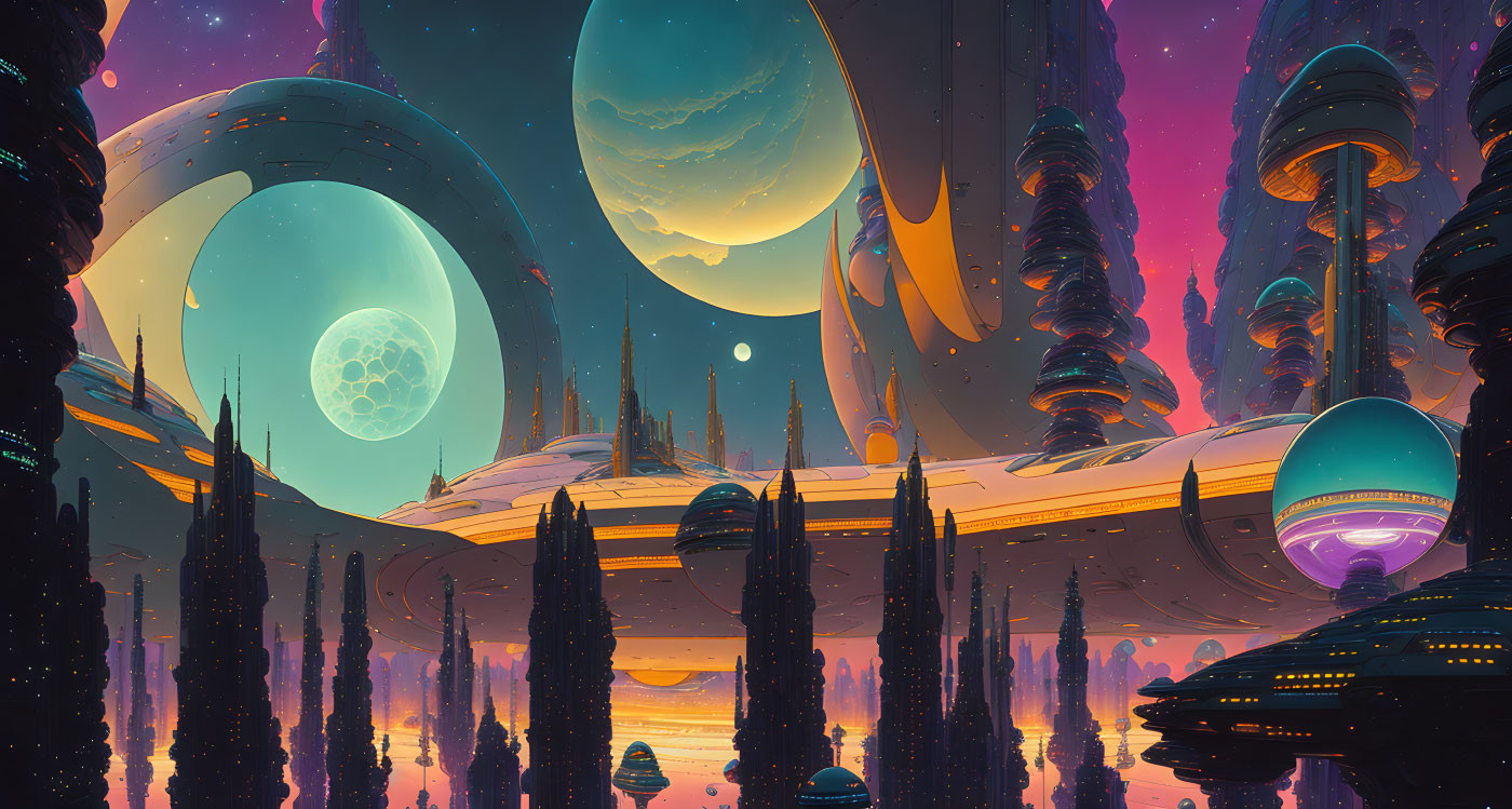 Futuristic sci-fi landscape with multiple moons and colorful sky