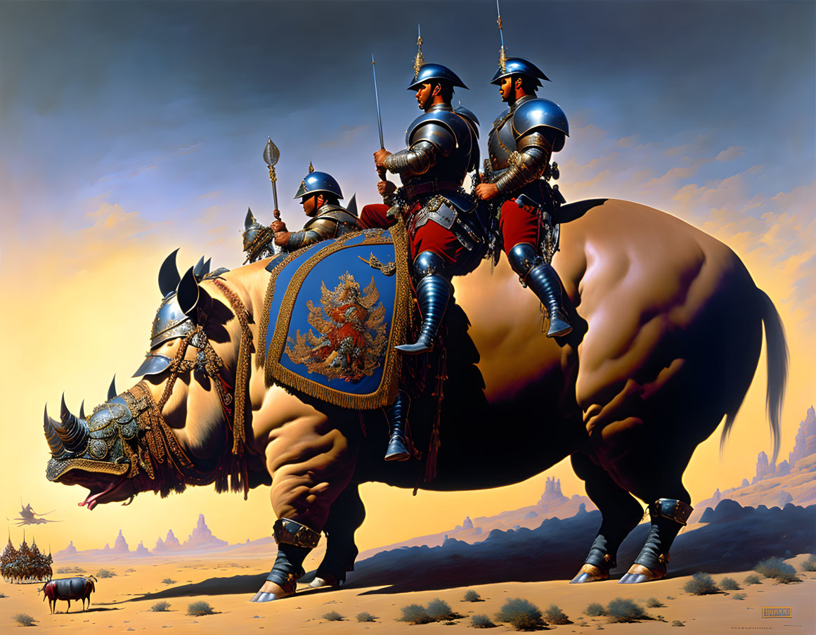 Armored knights on rhinoceros with shields in desert landscape