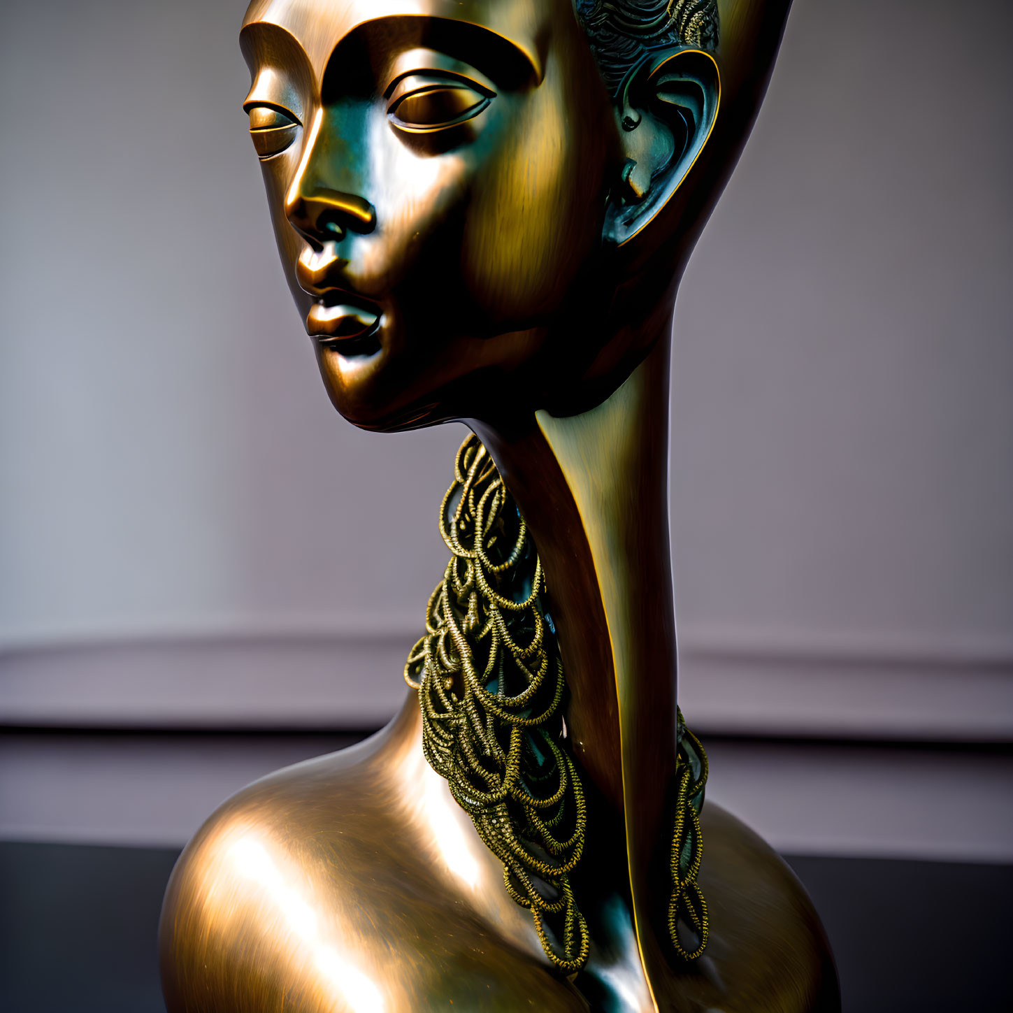 Golden stylized bust with intricate necklace on neutral background