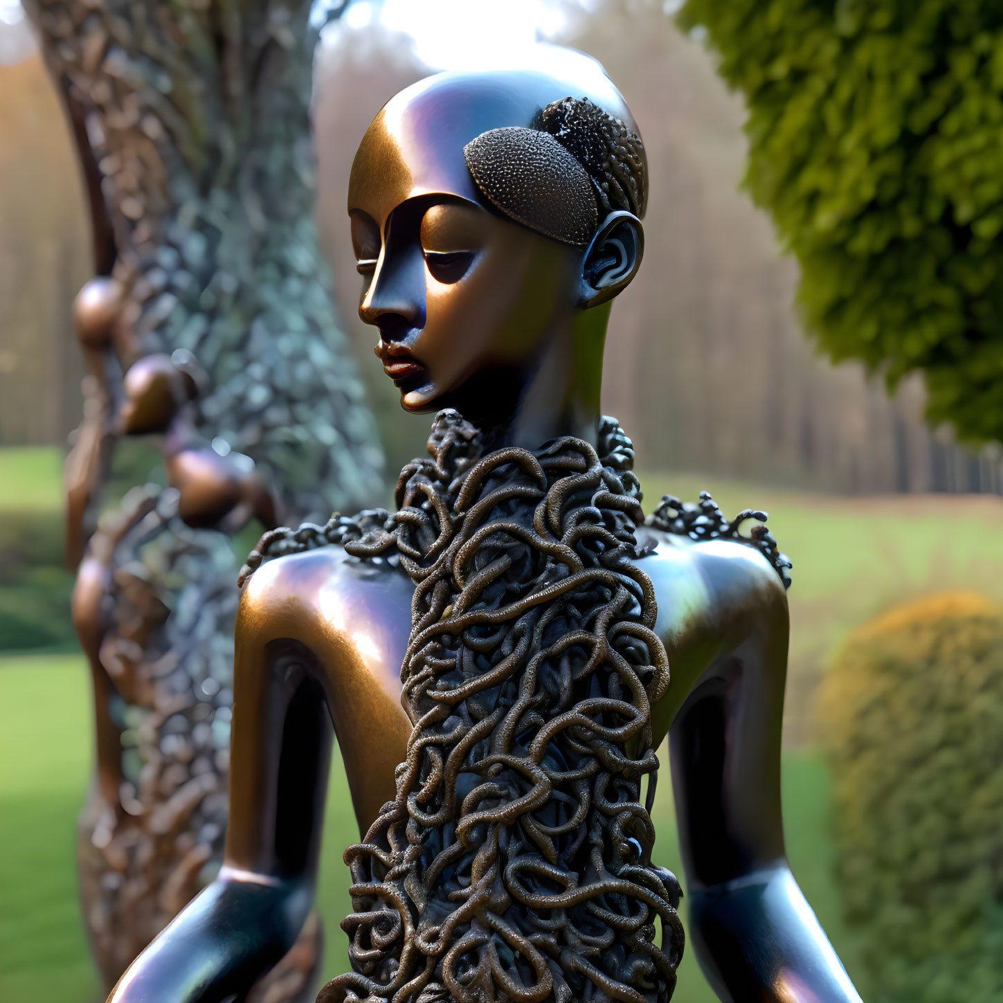 Metallic humanoid sculpture with textured shoulder in serene outdoor setting