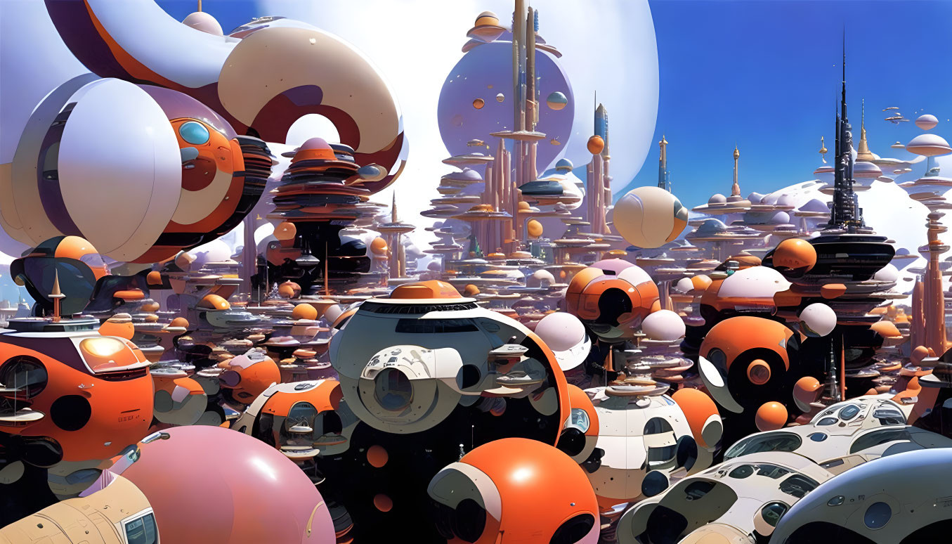 Futuristic cityscape with spherical and cylindrical structures in orange, white, and silver colors