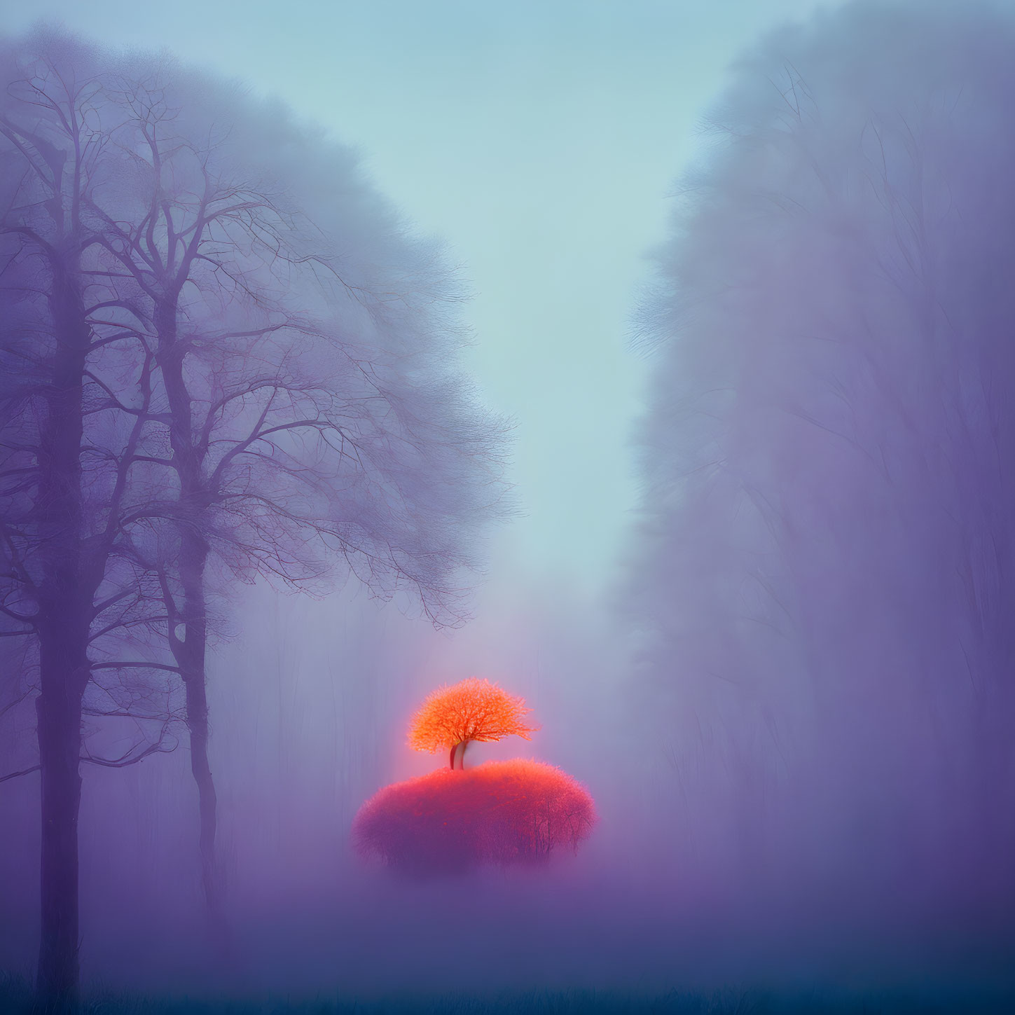 Vibrant red tree in mystical blue fog with bare tree silhouettes