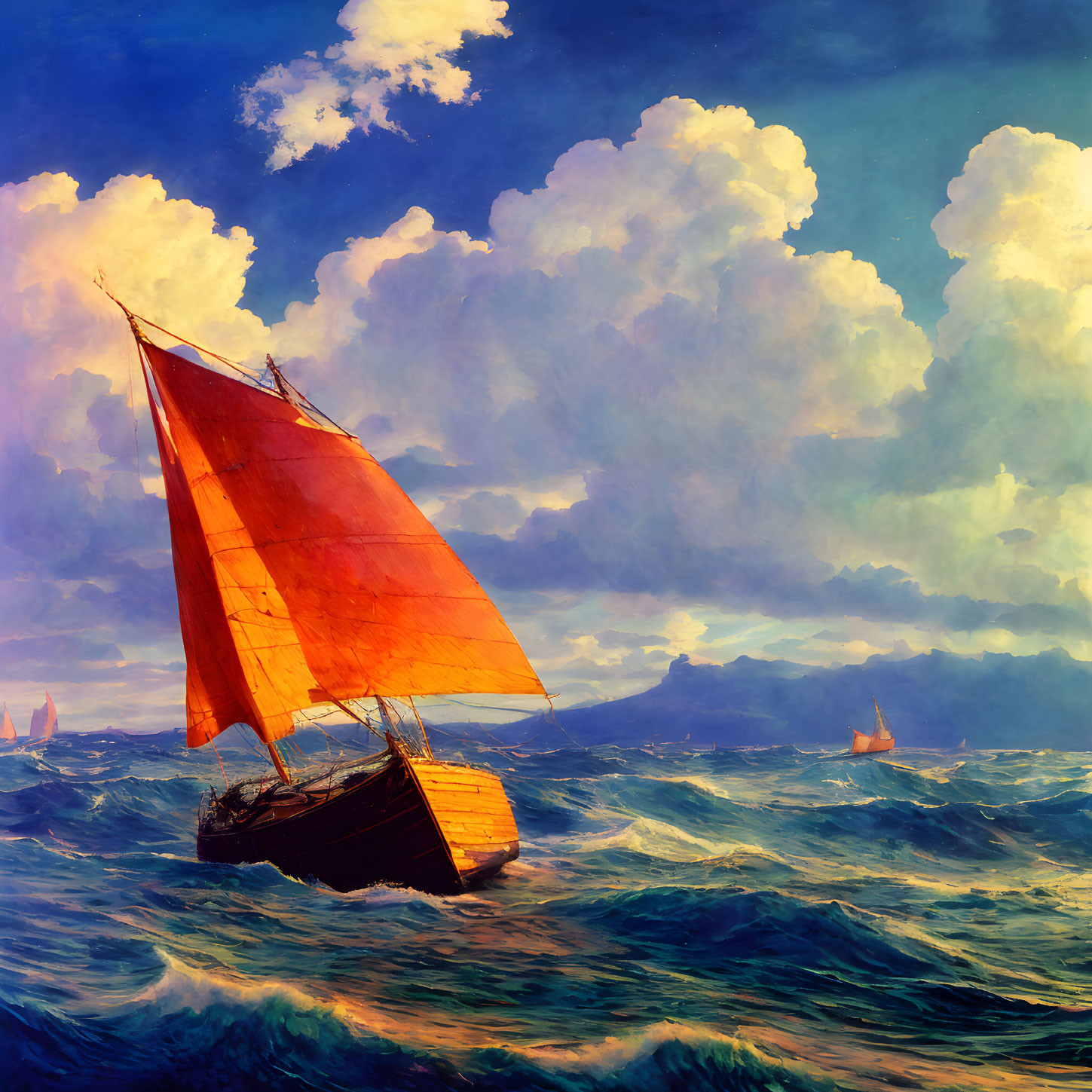 Colorful sailboat painting on turbulent sea with red sail and dramatic sky