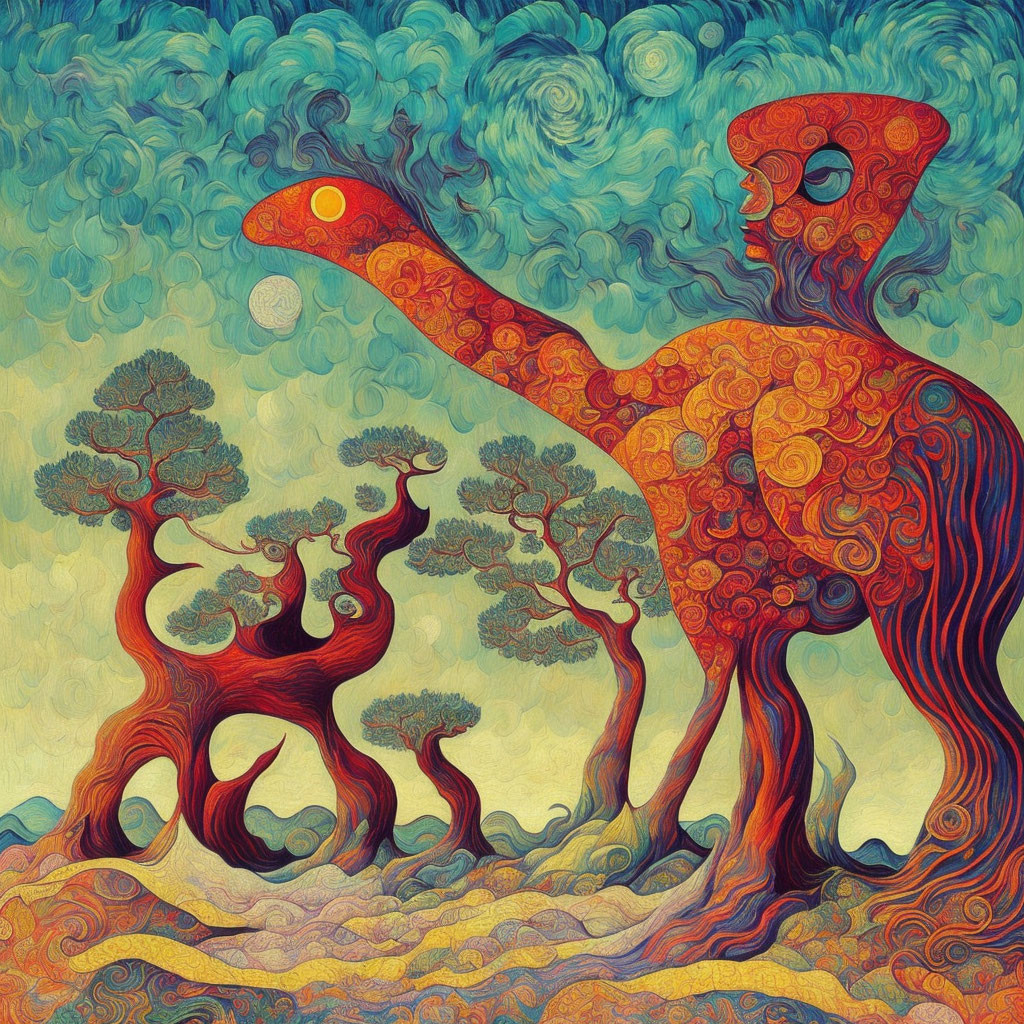 Colorful dinosaur-like creature in Van Gogh-inspired setting