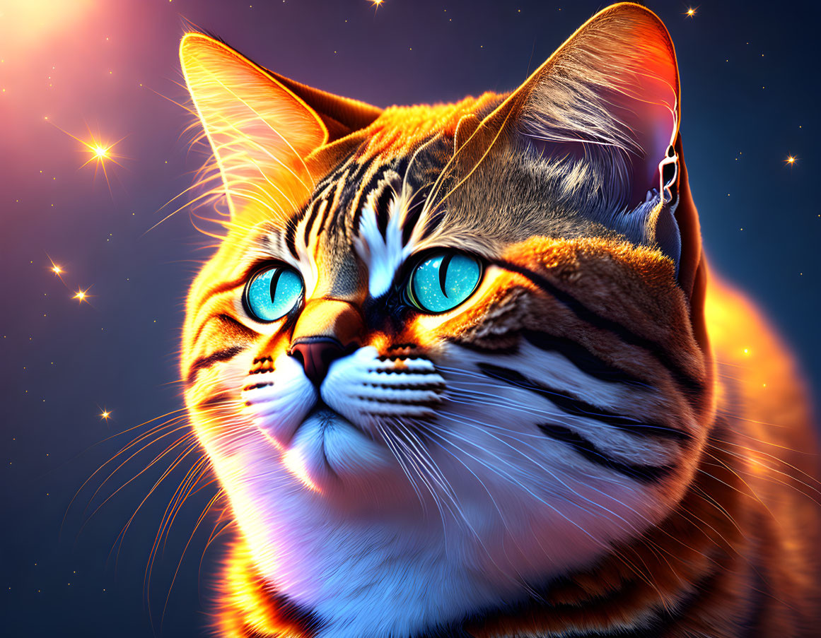 Detailed digital artwork: Cat with blue eyes on starry background