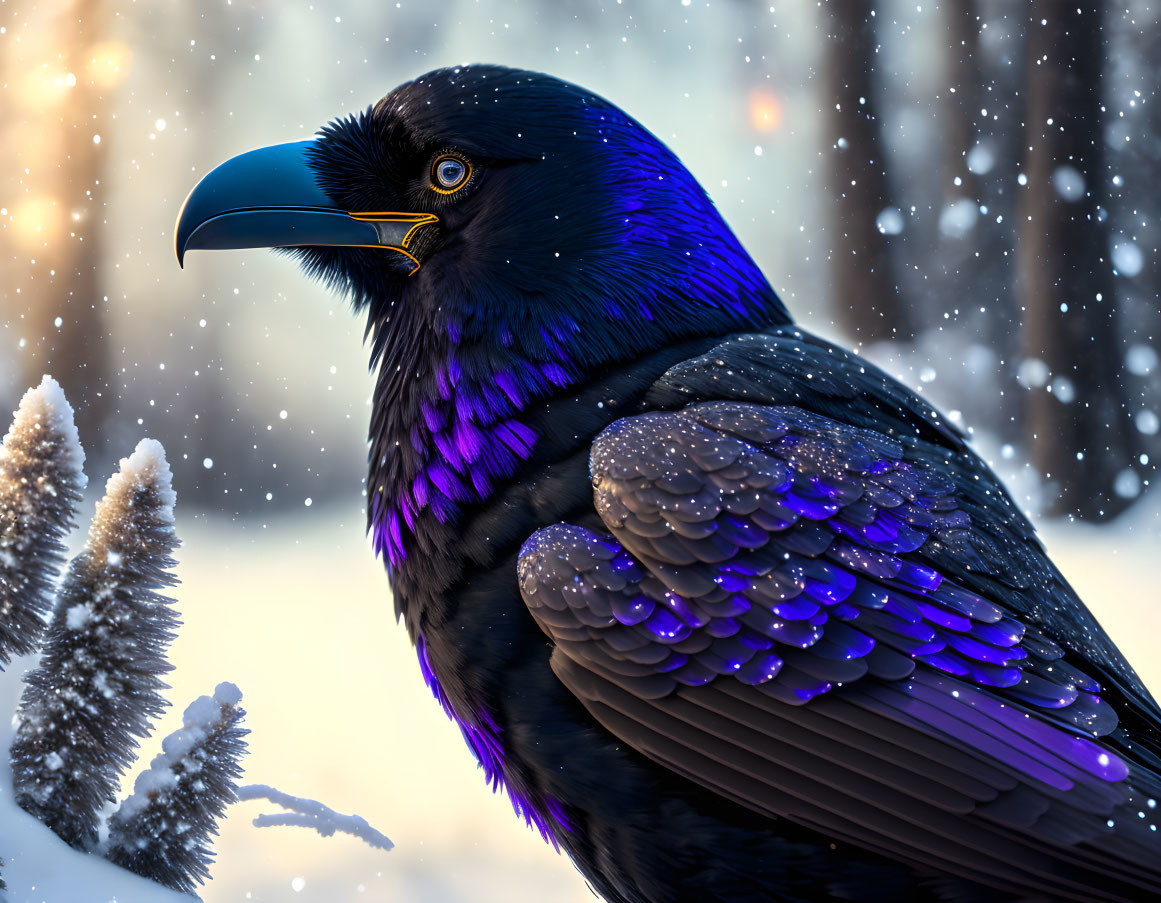 Iridescent purple raven in snowy landscape with falling snowflakes