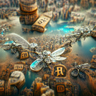 Futuristic city with towering structures and floating platforms under a golden sky