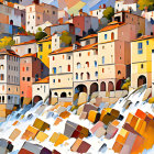 Colorful painting of hillside town with waterfall