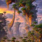 Majestic treehouses, colorful flowers, and misty sunset over enchanted forest