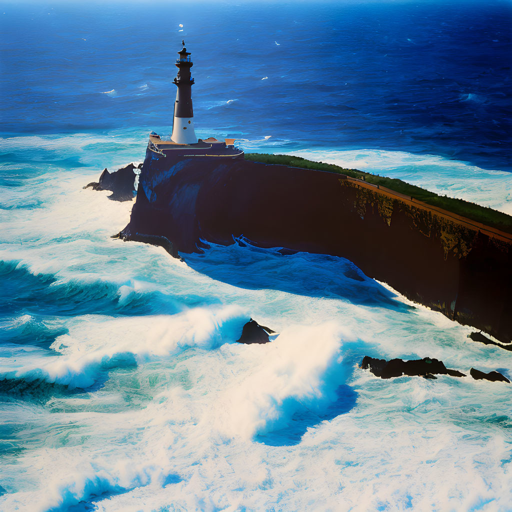 Scenic lighthouse on rugged cliff above white waves