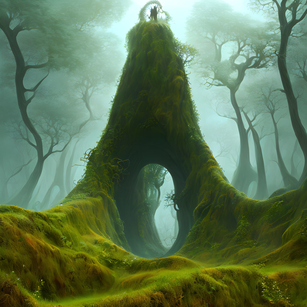 Ethereal green forest with moss-covered arch hill and foggy ambiance