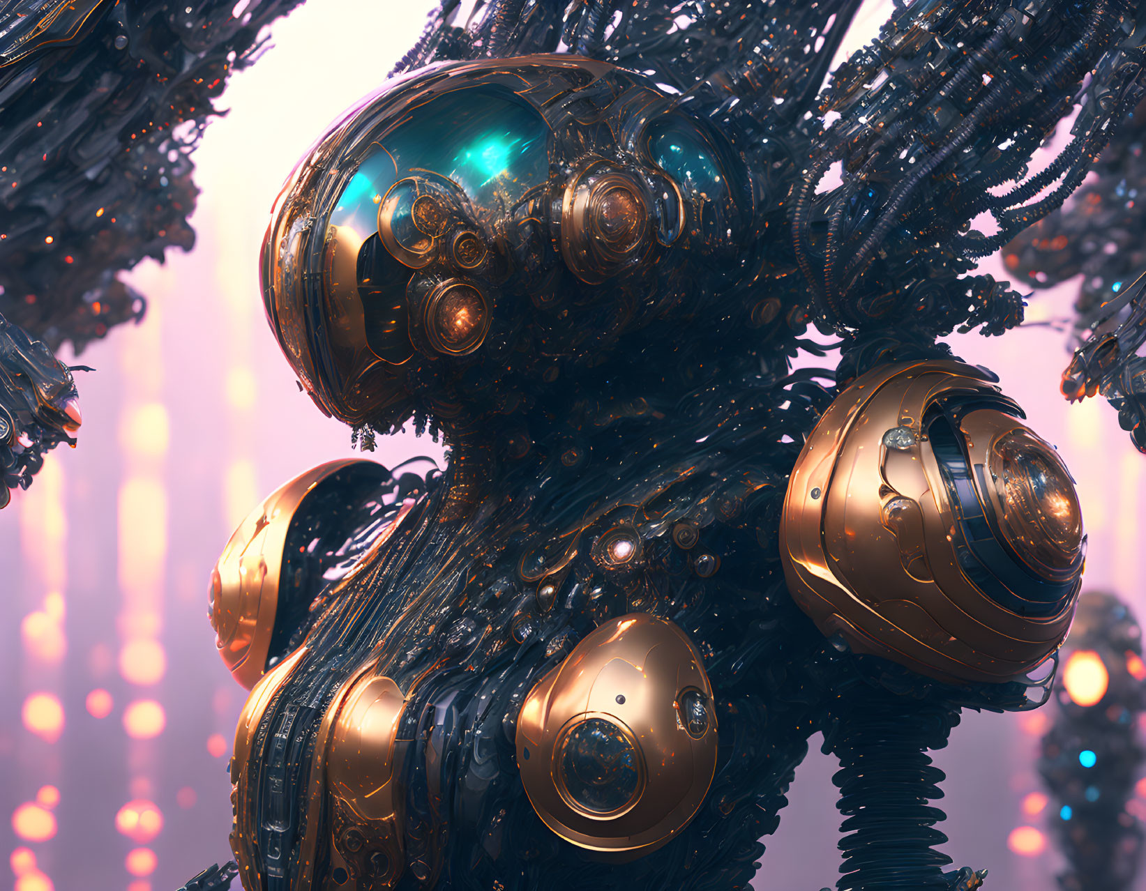 Metallic robotic creature with spherical joints in futuristic cityscape.