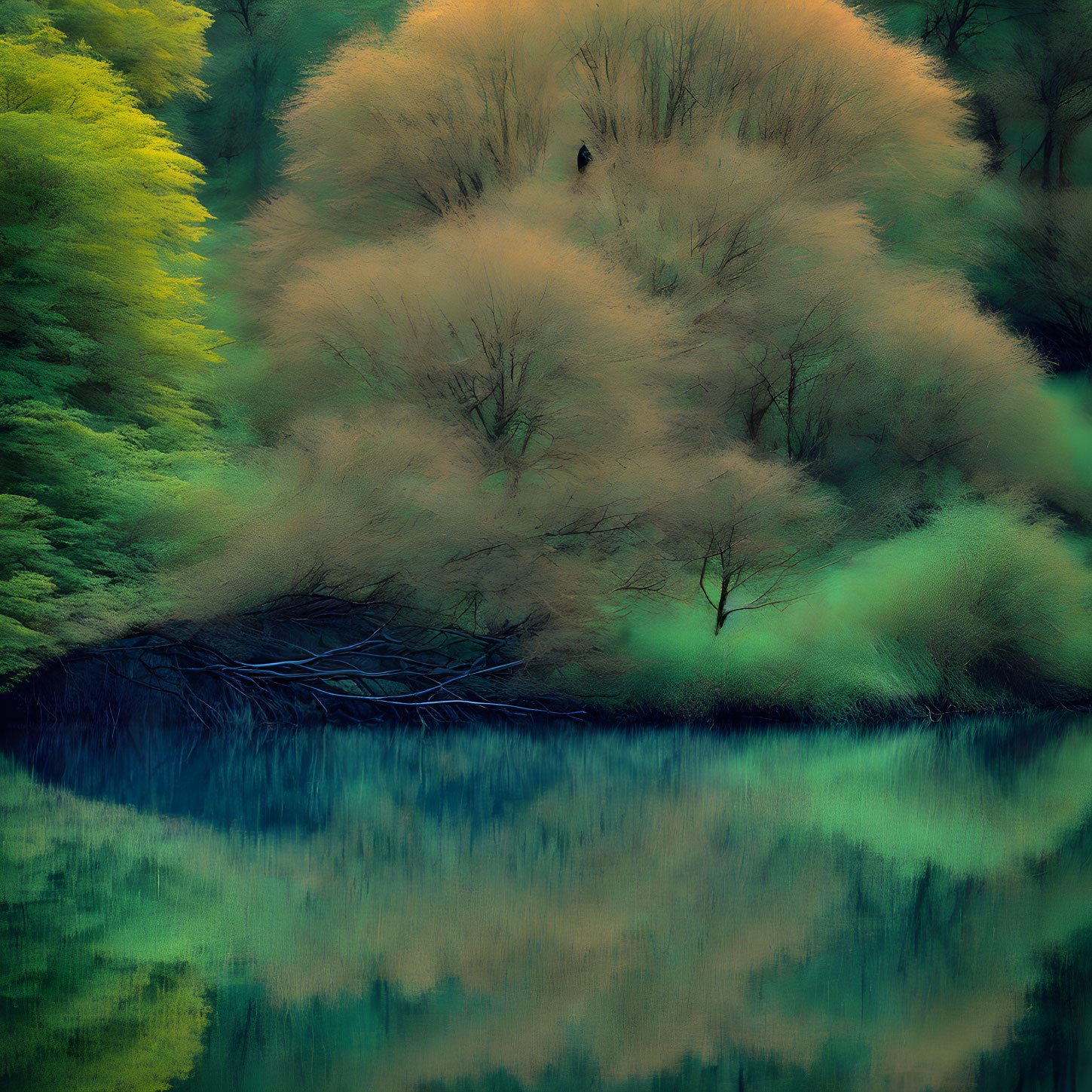 Tranquil landscape with golden tree and blue waterway