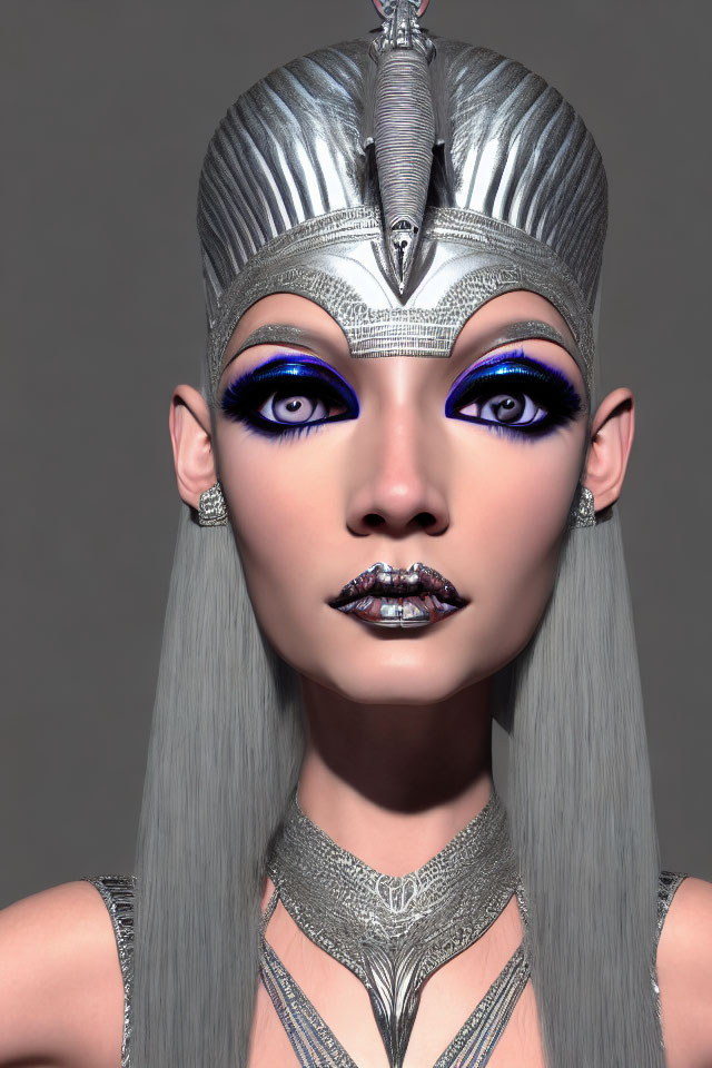 Female Figure with Metallic Silver Headdress and Striking Blue Eyes