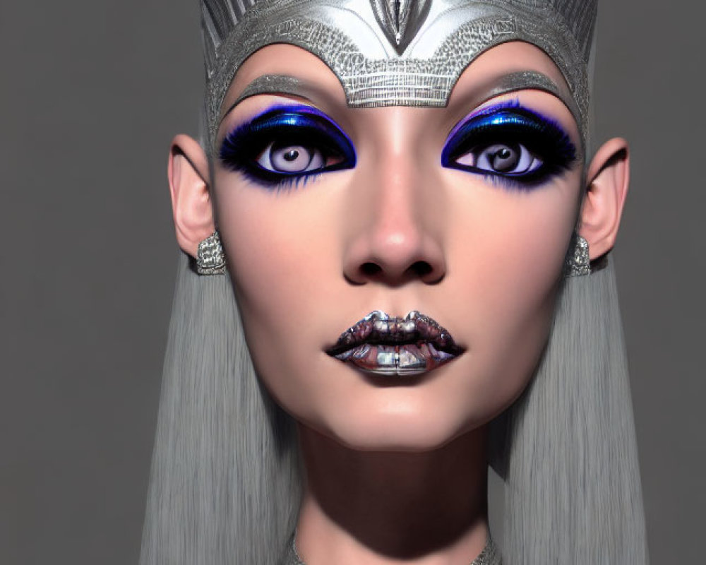 Female Figure with Metallic Silver Headdress and Striking Blue Eyes