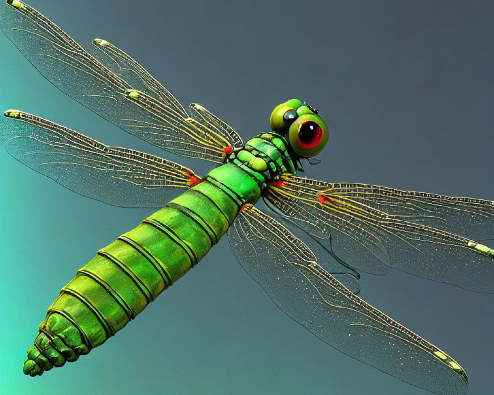 Whimsical cartoon-style dragonfly with oversized eyes and transparent wings