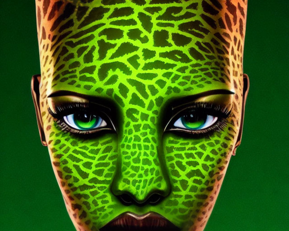 Digital Artwork: Woman with Giraffe Pattern Makeup and Blue Eyes on Green Background