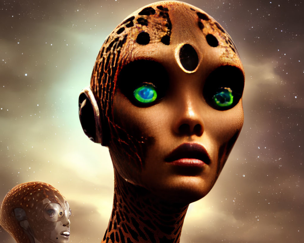 Humanoid robot with leopard pattern skin and green glowing eyes on starry sky backdrop