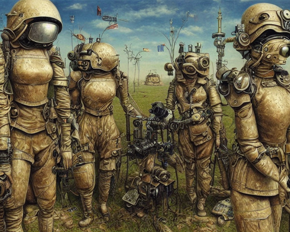 Retro-futuristic astronauts in brass suits with robotic dogs in desolate landscape